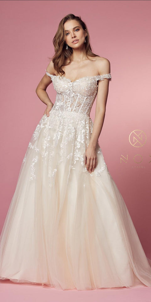 Off the Shoulder A-Line Wedding Gown by Nox Anabel JH925