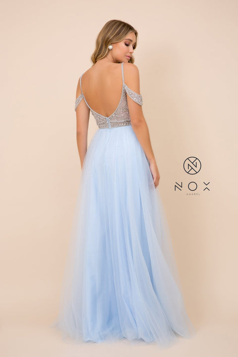Cold Shoulder Floor Length Open Back Dress_L342 by Nox Anabel