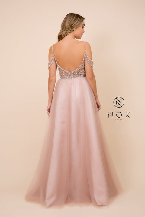 Cold Shoulder Floor Length Open Back Dress_L342 by Nox Anabel