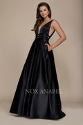Classical V-Neck Triple Waistband Sleeveless Satin Prom Gown M130 by Nox Anabel