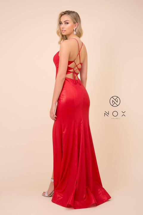 Silky and Shiny Floor Length Gown with Side Slit_M413 by Nox Anabel