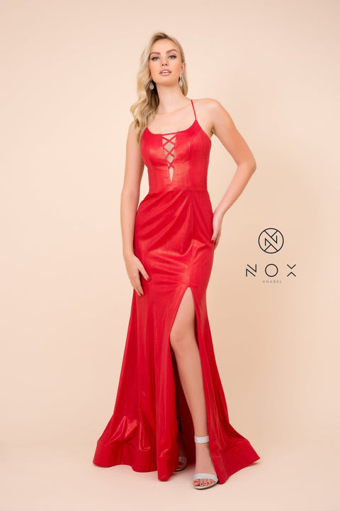 Silky and Shiny Floor Length Gown with Side Slit_M413 by Nox Anabel
