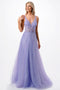 Coya P2109: Sheer V-Neck Tulle Gown Embellished with Floral Applique