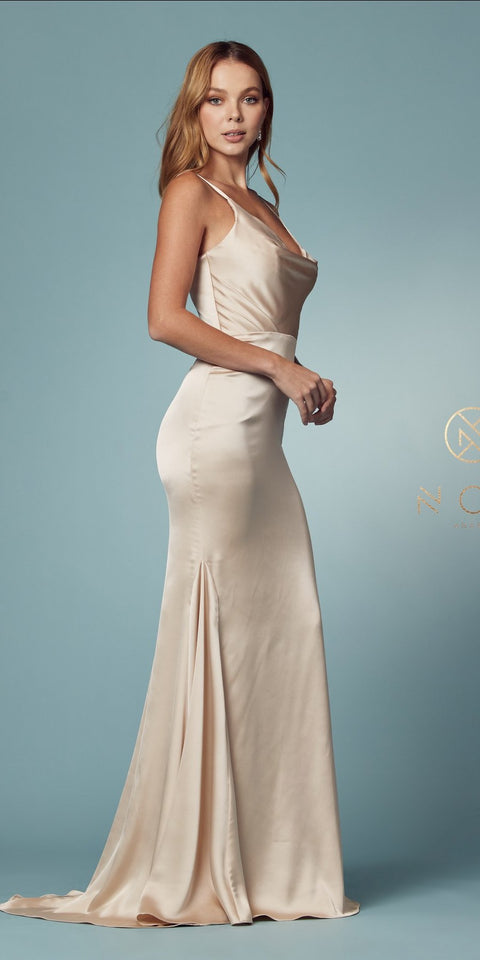 Nox Anabel R1026-Cowl V-neck Line Satin Prom Dress.