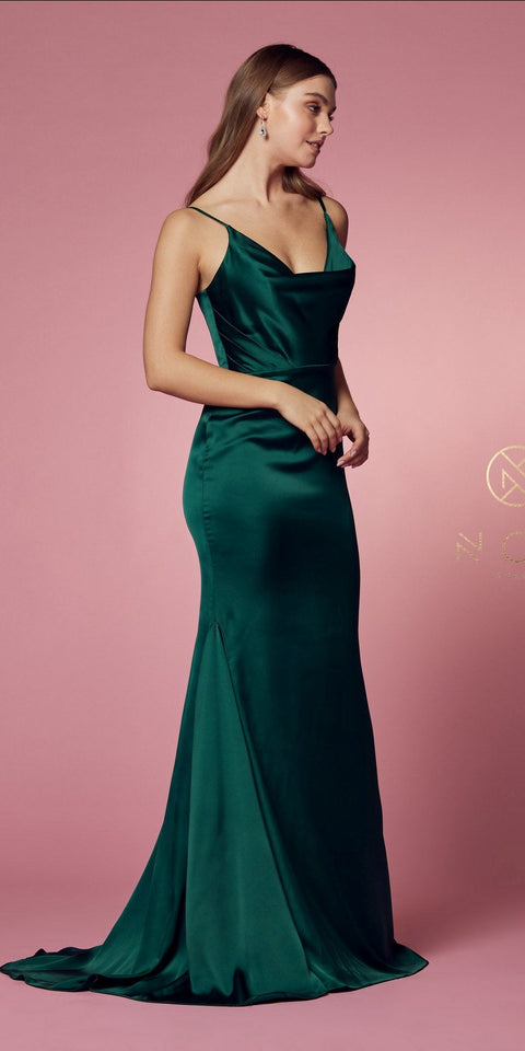Nox Anabel R1026-Cowl V-neck Line Satin Prom Dress.