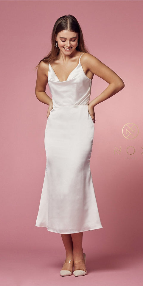 NOX ANABEL R1027 - TEA LENGTH COWL SATIN COCKTAIL DRESS.