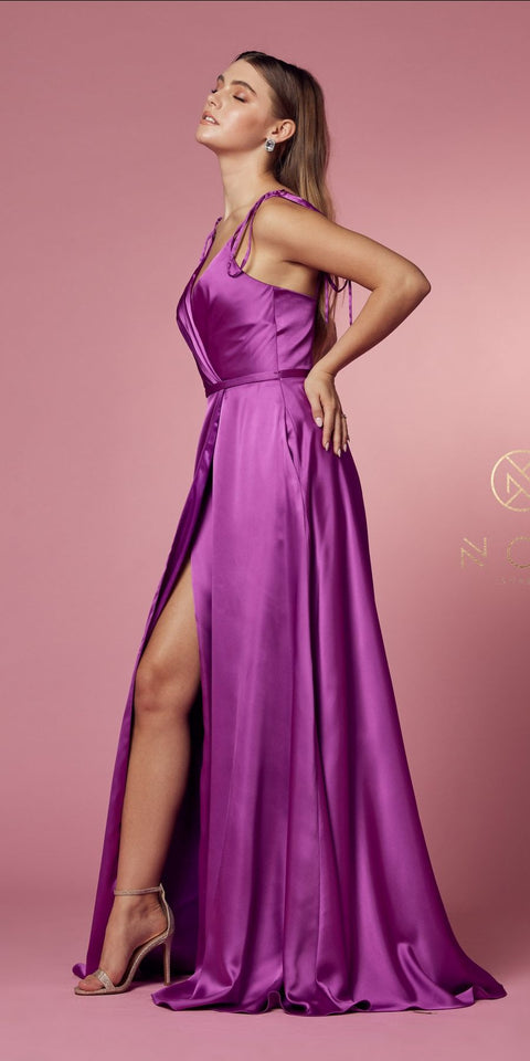 SATIN V-NECK FULL LENGTH DRESS E1029 BY NOX ANABEL
