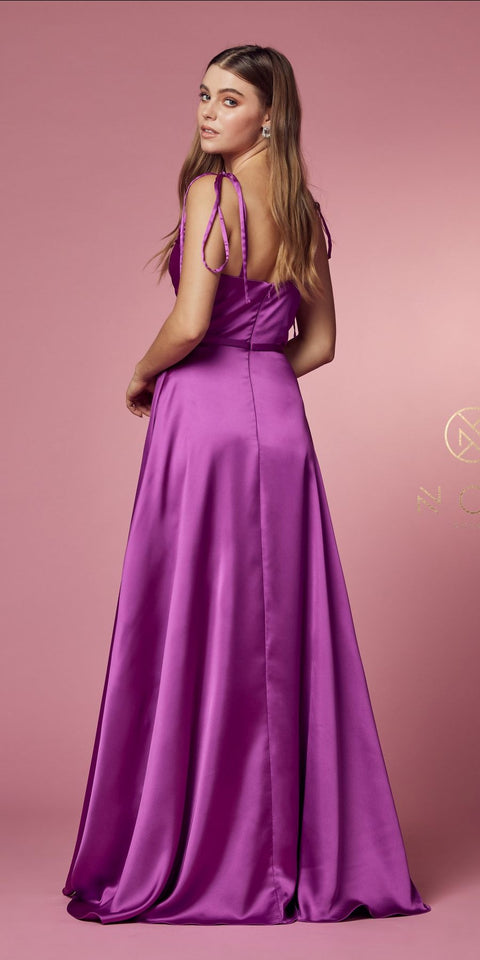 SATIN V-NECK FULL LENGTH DRESS E1029 BY NOX ANABEL
