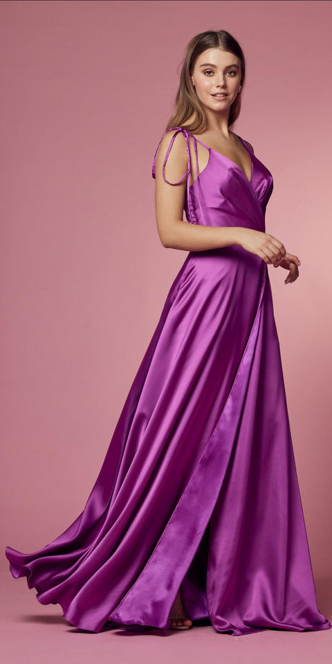 SATIN V-NECK FULL LENGTH DRESS E1029 BY NOX ANABEL