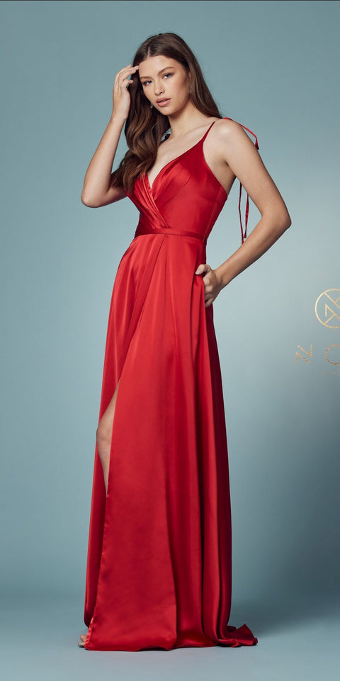 SATIN V-NECK FULL LENGTH DRESS E1029 BY NOX ANABEL