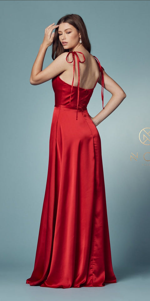 SATIN V-NECK FULL LENGTH DRESS E1029 BY NOX ANABEL