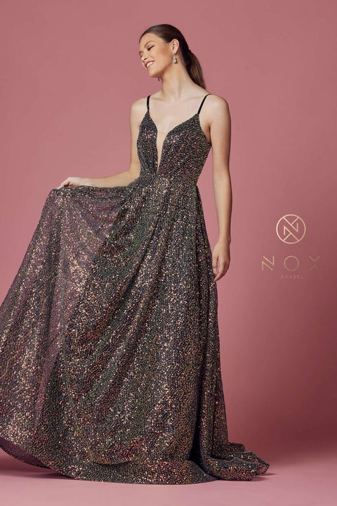 NOX ANABEL R1030 - V-NECK SEQUIN BALL GOWN PROM DRESS