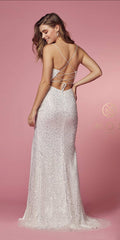 Nox Anabel R1031 Elegant  Sequins Prom Dress  with Slit and Spaghetti Straps