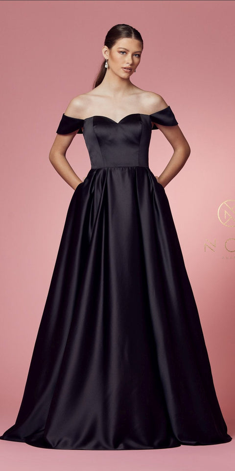 Satin Pocket A-LineGown by Nox Anabel R1032