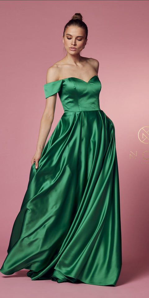 Satin Pocket A-LineGown by Nox Anabel R1032