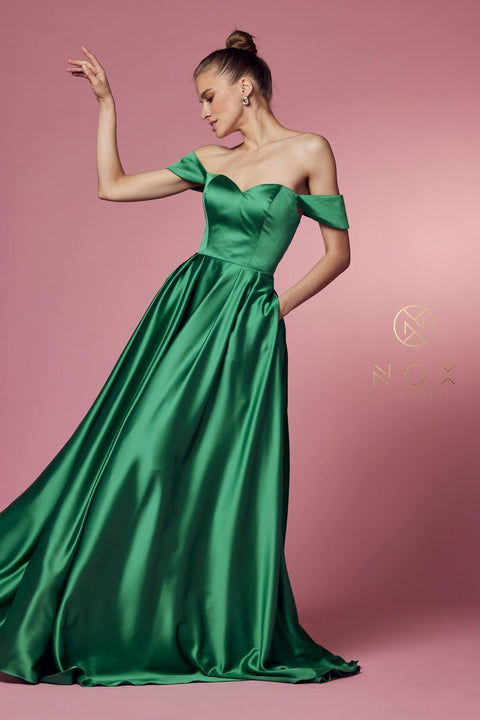 Satin Pocket A-LineGown by Nox Anabel R1032