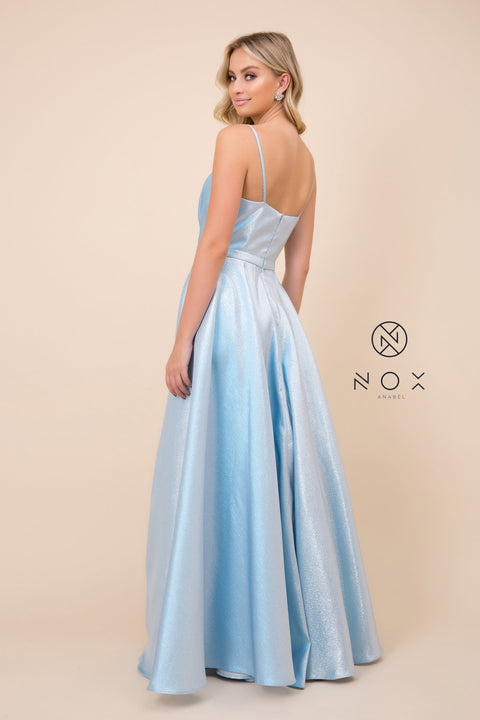 A-Line Plunging Neck Floor Length Peacock Light Blue Gown R347 by Nox Anabel