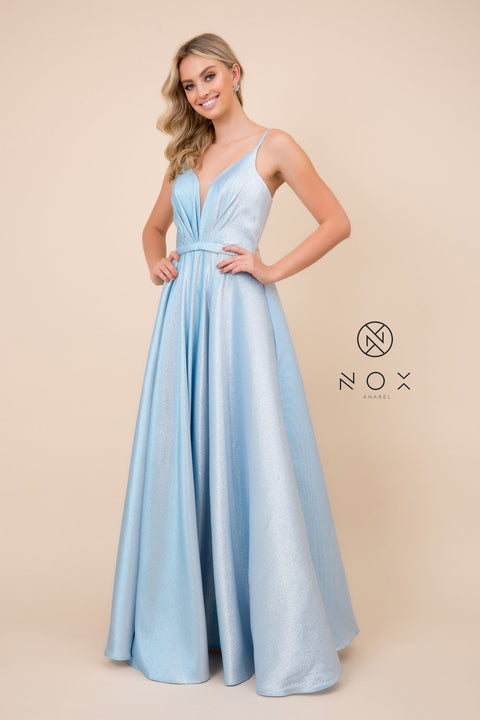 A-Line Plunging Neck Floor Length Peacock Light Blue Gown R347 by Nox Anabel