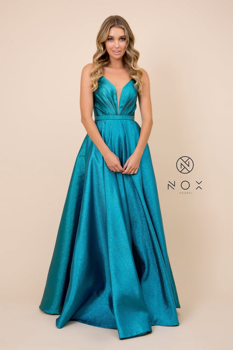 A-Line Plunging Neck Floor Length Peacock Light Blue Gown R347 by Nox Anabel
