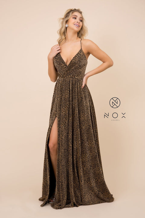 Glitter Lame V Neck Spaghetti Straps A-Line Gown_R356 by Nox Anabel