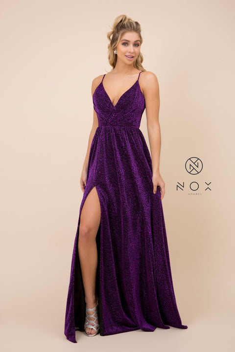 Glitter Lame V Neck Spaghetti Straps A-Line Gown_R356 by Nox Anabel
