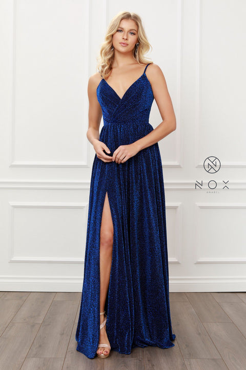Glitter Lame V Neck Spaghetti Straps A-Line Gown_R356 by Nox Anabel