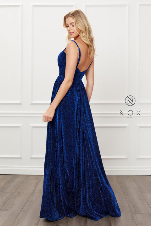Glitter Lame V Neck Spaghetti Straps A-Line Gown_R356 by Nox Anabel