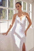 Plunging Neckline Fitted Bodice Glittery Trumpet Gown Side Slit by Nox Anabel R433W