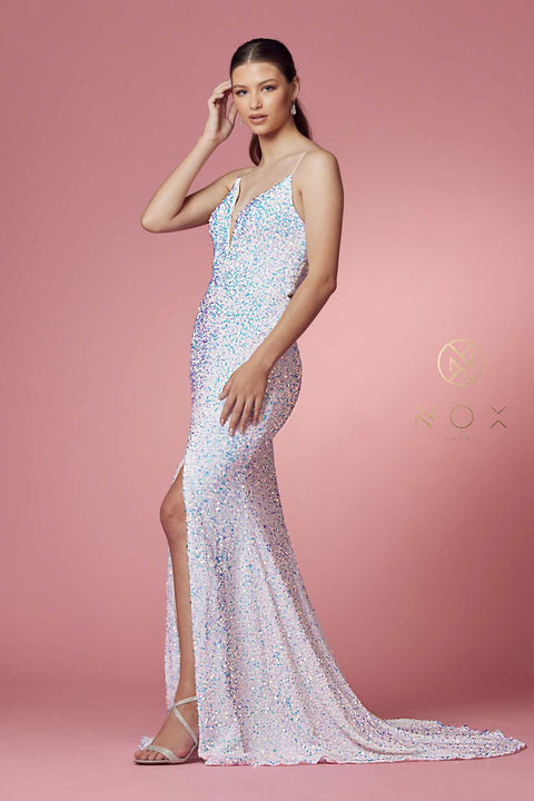 Plunging Neckline Fitted Bodice Glittery Trumpet Gown Side Slit by Nox Anabel R433W