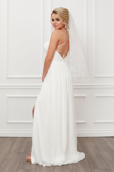 White A-Line gown Pleated V Neck Gown with Side Slit by Sheer Dreamz by Nox Anabel – alternate view 2