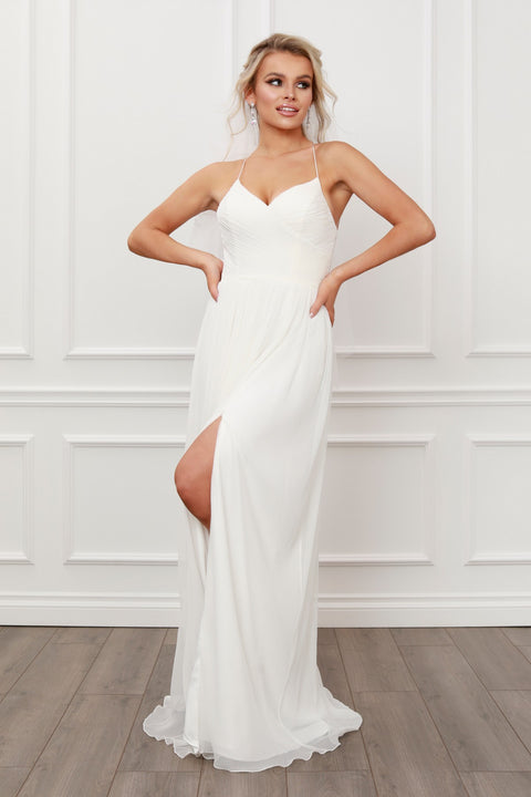 White A-Line gown Pleated V Neck Gown with Side Slit by Sheer Dreamz by Nox Anabel