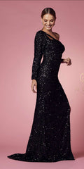 NOX ANABEL -1013   FITTED ONE SLEEVE SEQUIN PROM EVENING GOWN