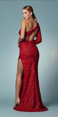 NOX ANABEL -1013   FITTED ONE SLEEVE SEQUIN PROM EVENING GOWN