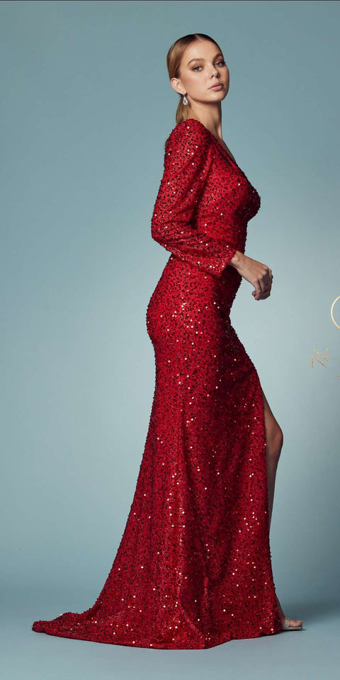 NOX ANABEL -1013   FITTED ONE SLEEVE SEQUIN PROM EVENING GOWN