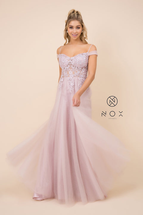 Long Tulle Prom Dress with Off Shoulder Flounce_S265 by Nox Anabel