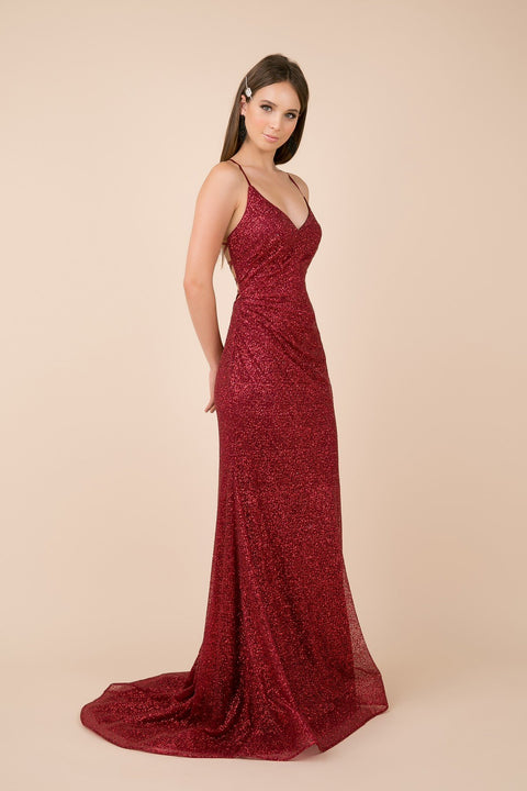Thin Straps V Neckline with Shimmery Trumpet Gown_T290 by Nox Anabel