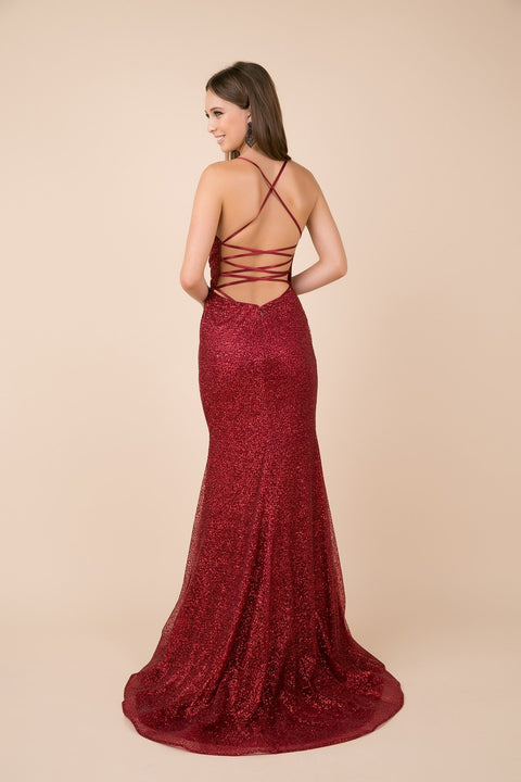 Thin Straps V Neckline with Shimmery Trumpet Gown_T290 by Nox Anabel