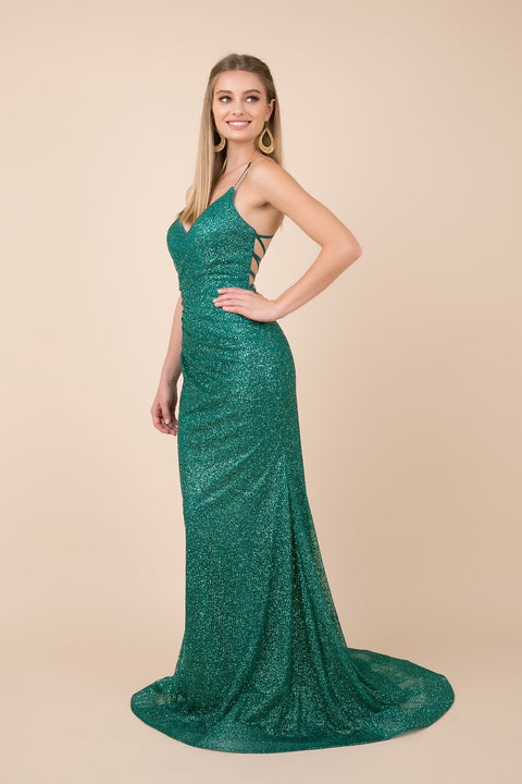 Thin Straps V Neckline with Shimmery Trumpet Gown_T290 by Nox Anabel