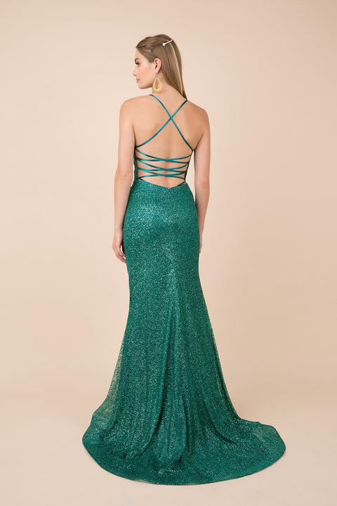Thin Straps V Neckline with Shimmery Trumpet Gown_T290 by Nox Anabel