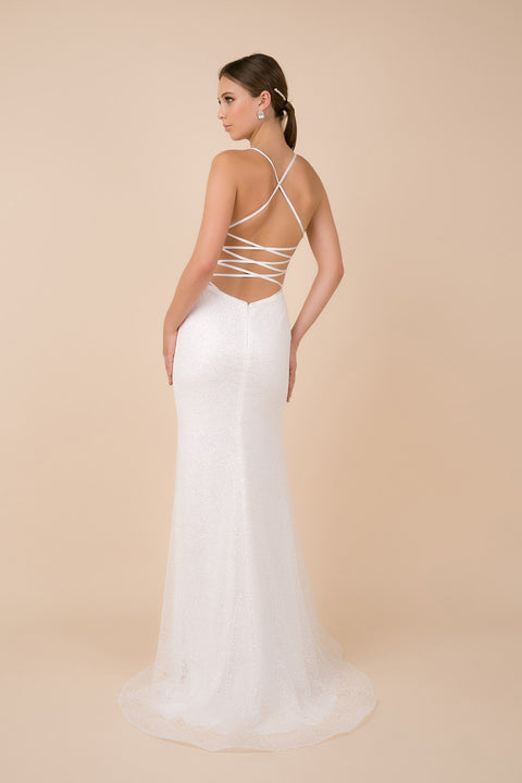 Thin Straps V Neckline with Shimmery Trumpet Gown_T290 by Nox Anabel