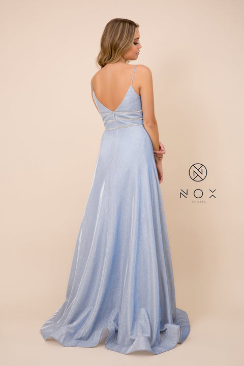 Deep V Neck Metallic Fabric, Jeweled Waistband_T312 by Nox Anabel