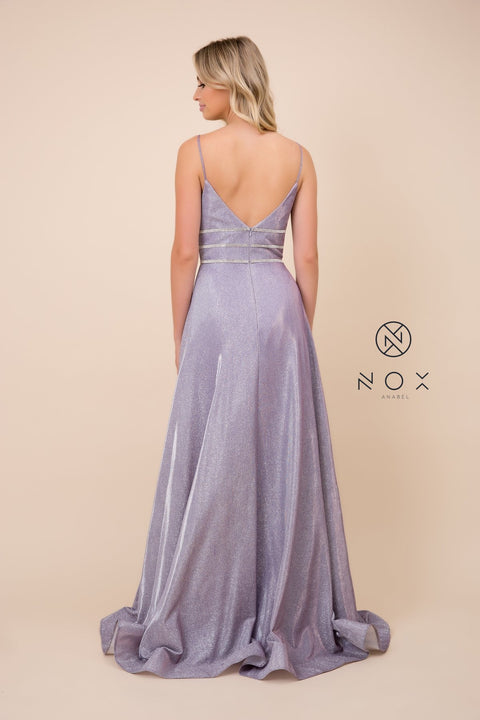 Deep V Neck Metallic Fabric, Jeweled Waistband_T312 by Nox Anabel