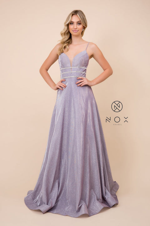 Deep V Neck Metallic Fabric, Jeweled Waistband_T312 by Nox Anabel