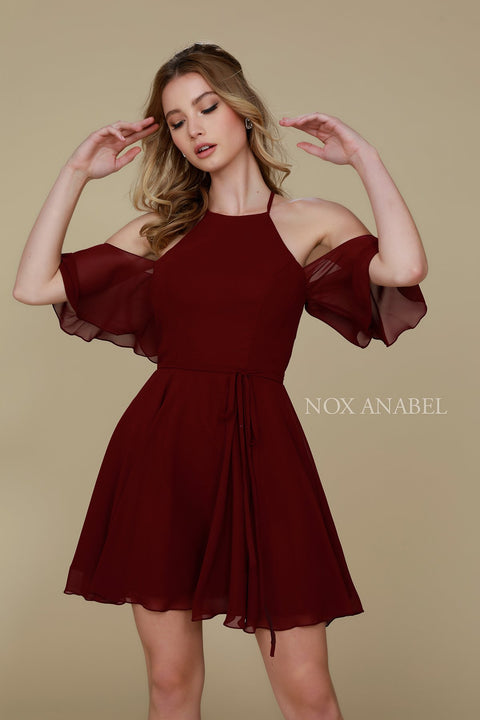 Party Cocktail Cold Shoulder Short Chiffon Dress T667 by Nox Anabel