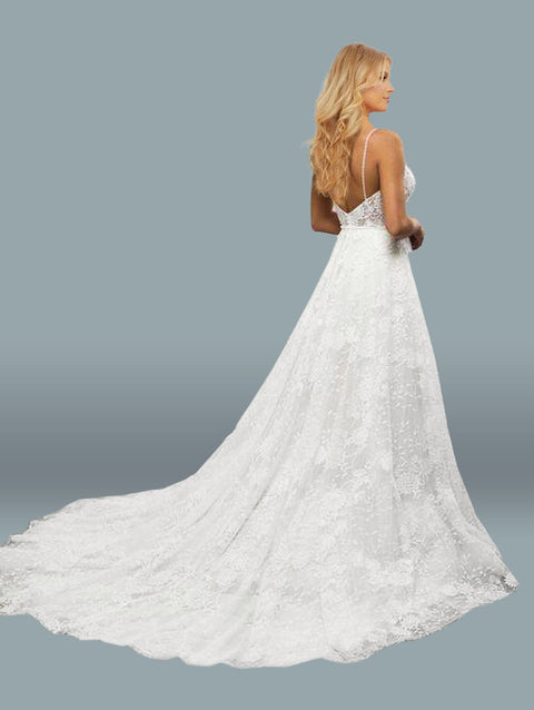 Long Spaghetti Strap V Neck Wedding Dress