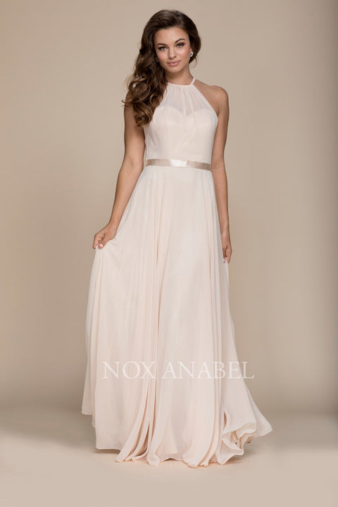 Elegant Ruched Neckline Halter Lace Up Chiffon Gown Y102 by Nox Anabel