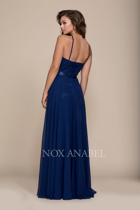 Elegant Ruched Neckline Halter Lace Up Chiffon Gown Y102 by Nox Anabel