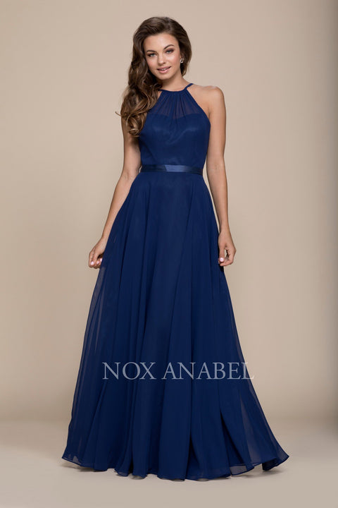 Elegant Ruched Neckline Halter Lace Up Chiffon Gown Y102 by Nox Anabel