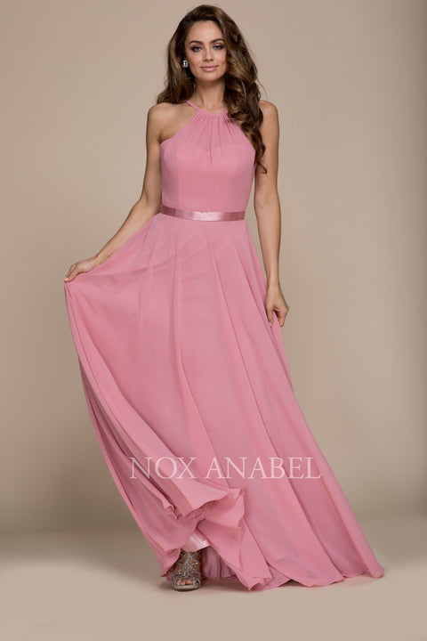 Elegant Ruched Neckline Halter Lace Up Chiffon Gown Y102 by Nox Anabel