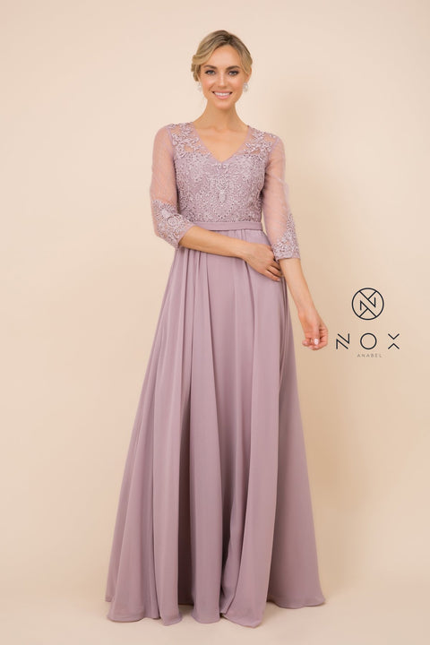 V-Neck Sequin Lace 3/4-Sleeve Mob Dress_Y532 By Nox Anabel